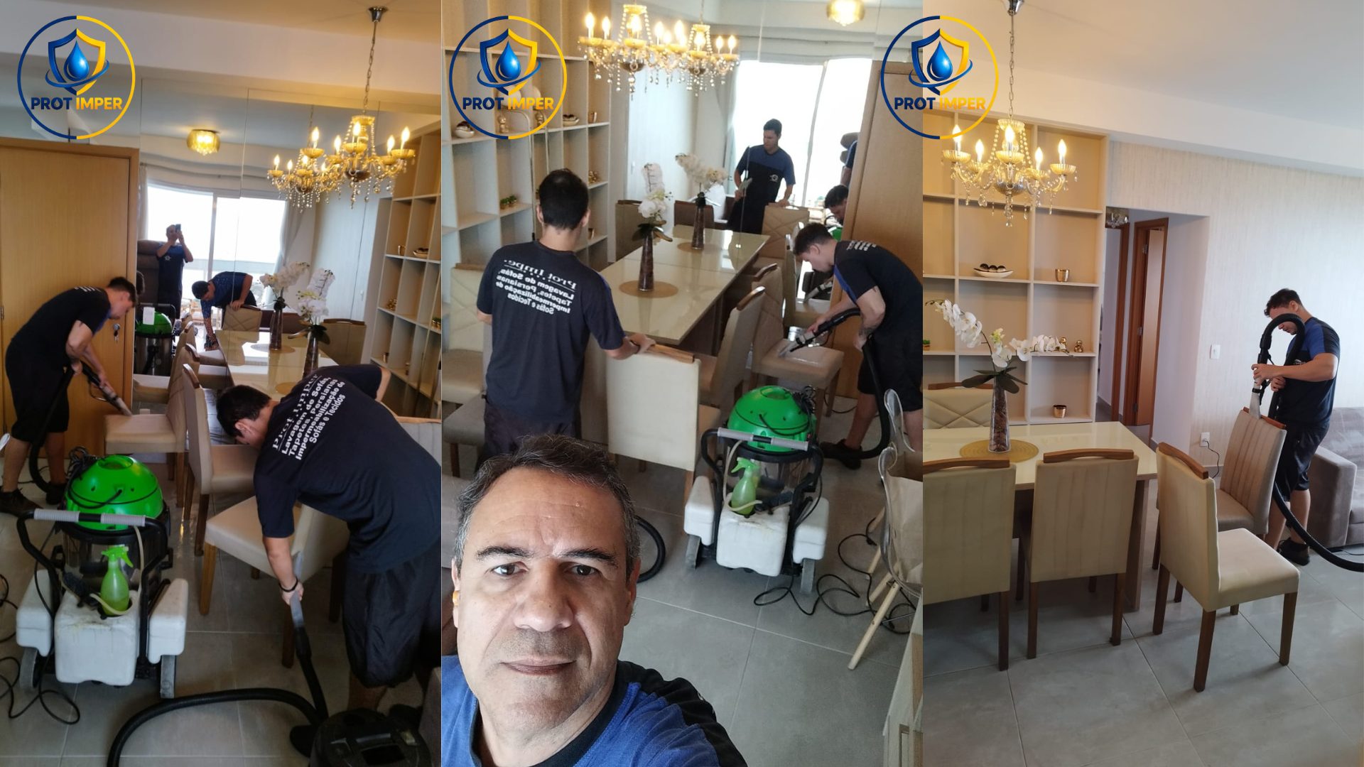 Técnicos da PROT IMPER limpando as cadeiras estofadas de uma mesa de jantar com máquina de extração, com a marca PROT IMPER