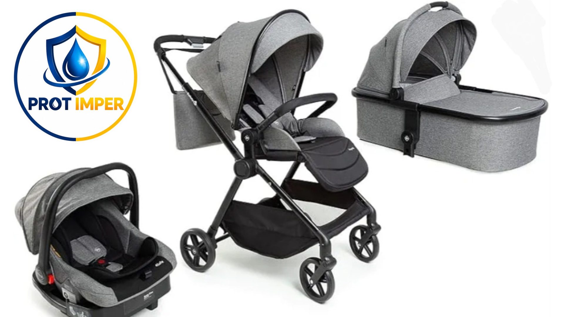 Carrinho de bebê cinza com bebê conforto e moisés, com a marca PROT IMPER