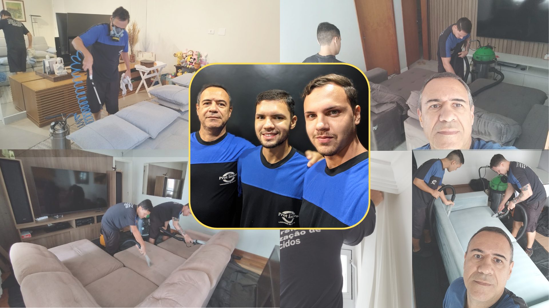 Equipe da PROT IMPER: três profissionais uniformizados e fotos da equipe em atendimento