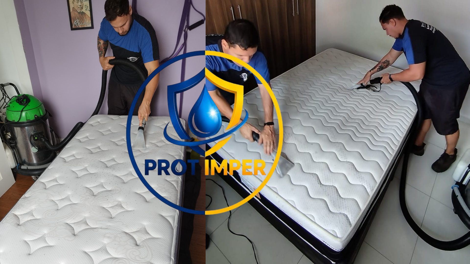 Técnicos da PROT IMPER lavando colchões com máquina de extração, com a marca PROT IMPER