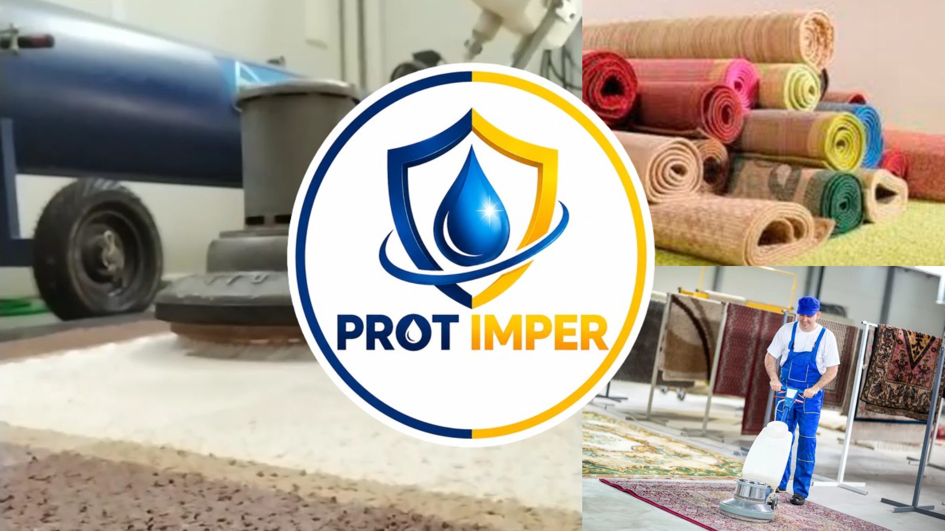 Lavagem de tapetes: máquina lavadora, tapetes enrolados e técnico lavando um tapete, com a marca PROT IMPER