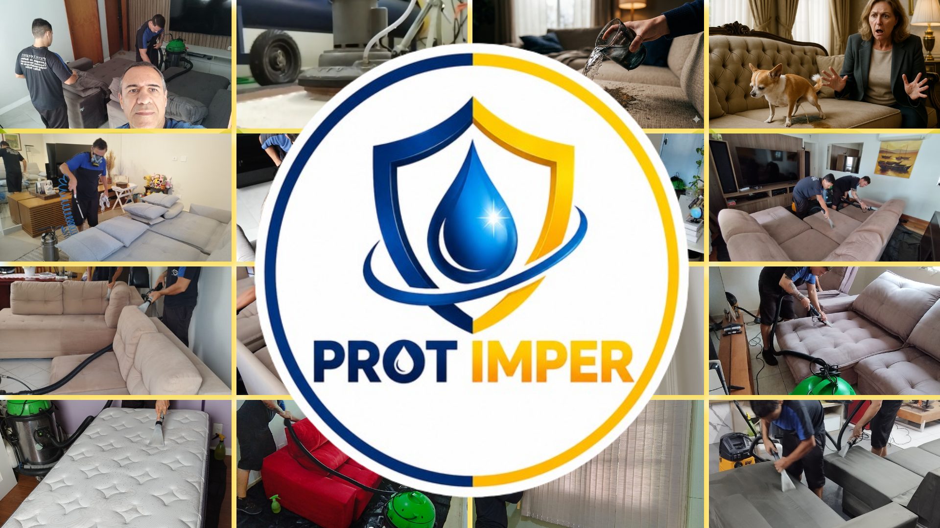 Equipe da PROT IMPER higienizando sofás e colchões, com o logotipo da empresa