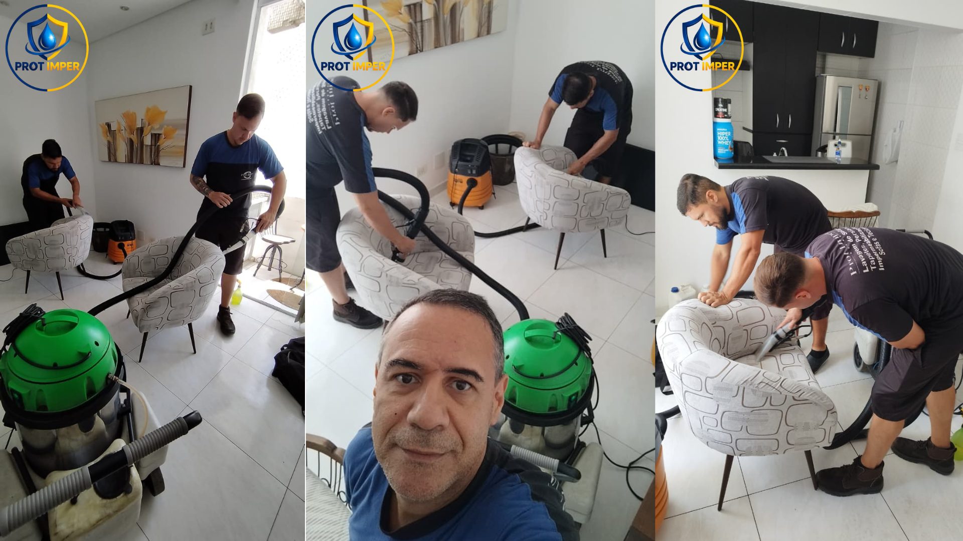 Técnicos da PROT IMPER limpando poltronas brancas estampadas com máquina de extração, com a marca PROT IMPER