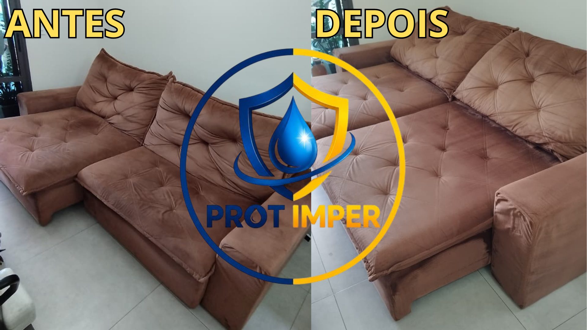 Antes e depois da limpeza de um sofá retrátil cor castor, com a marca PROT IMPER
